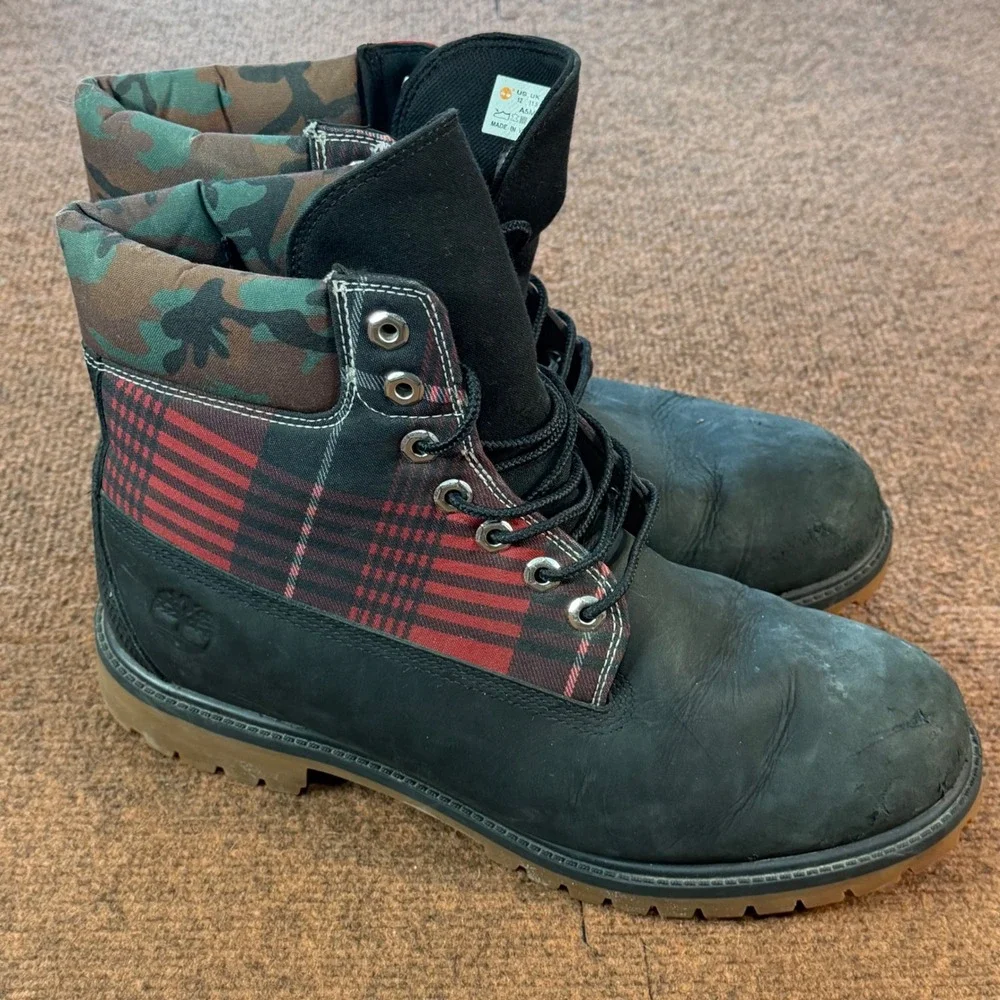 Timberland Premium 6 Inch work fit A- Boots Mens 12 Black Plaid Camo A5M7P A6559